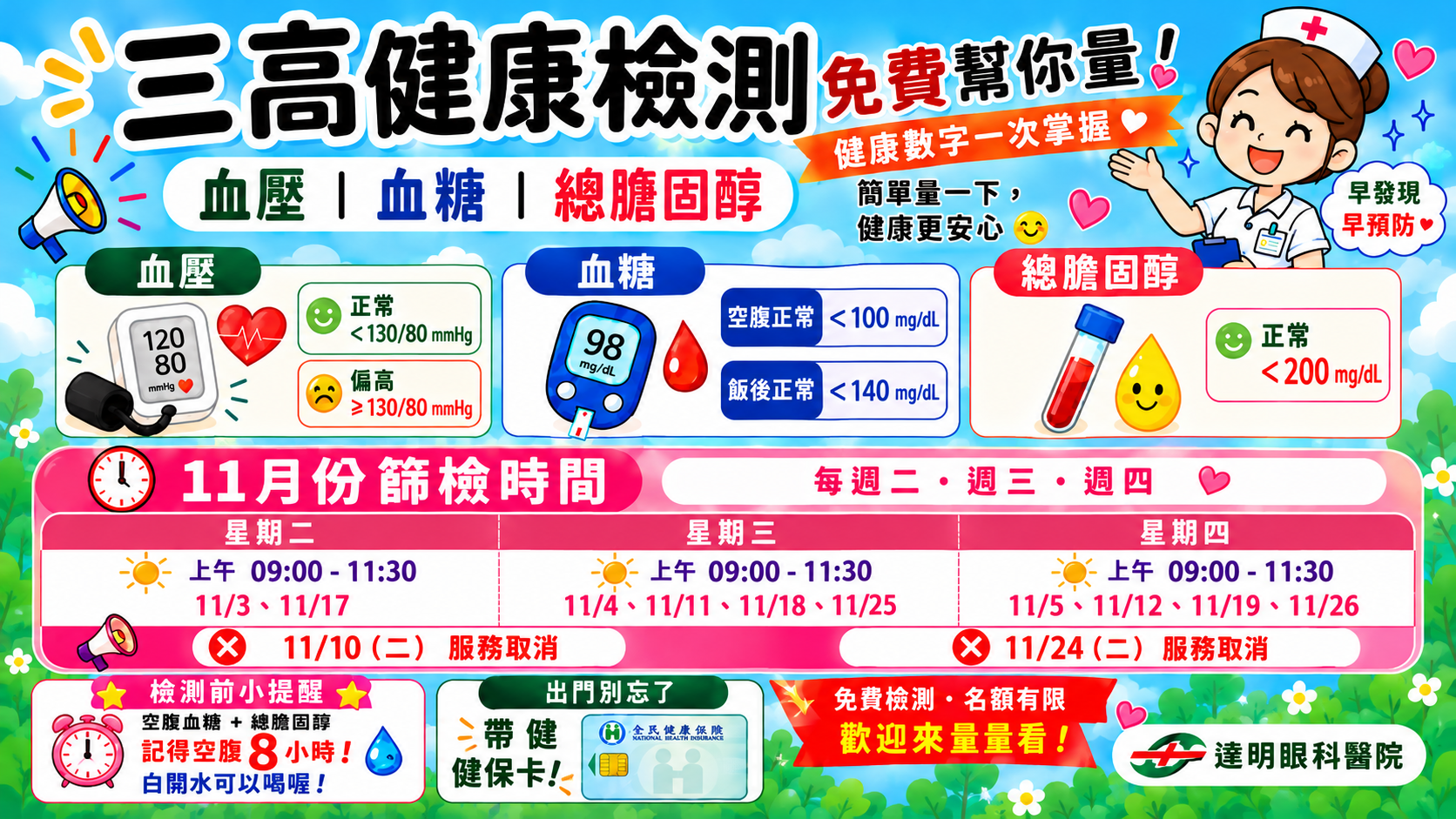 【院內篩檢】11月免費三高(血壓、血糖、總膽固醇)健康檢測～